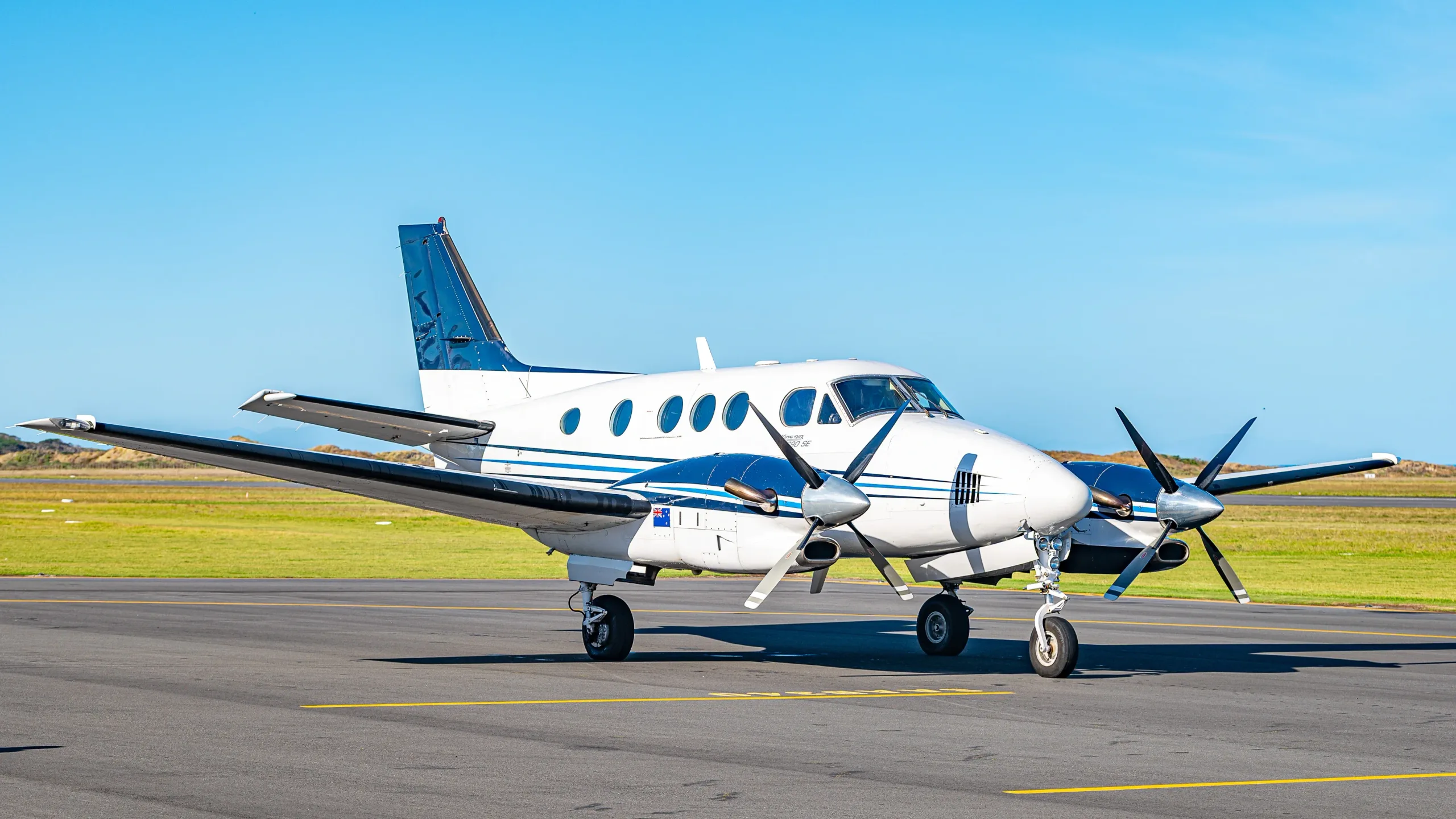 Exterior view of a 1994 Beechcraft King Air, ZK-MKG.
