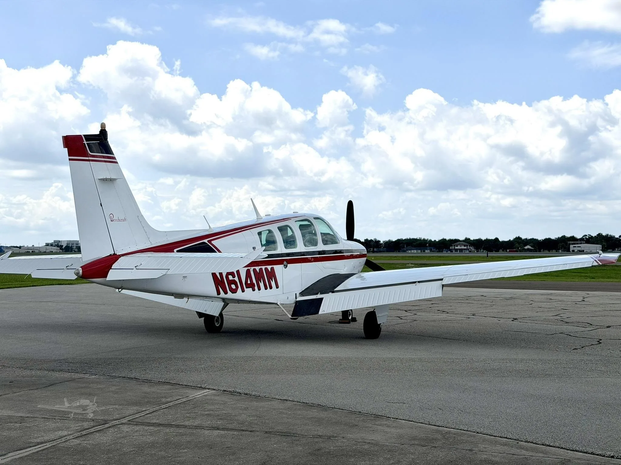 Exterior view of a 1980 BEECHCRAFT A36 BONANZA, N614MM.