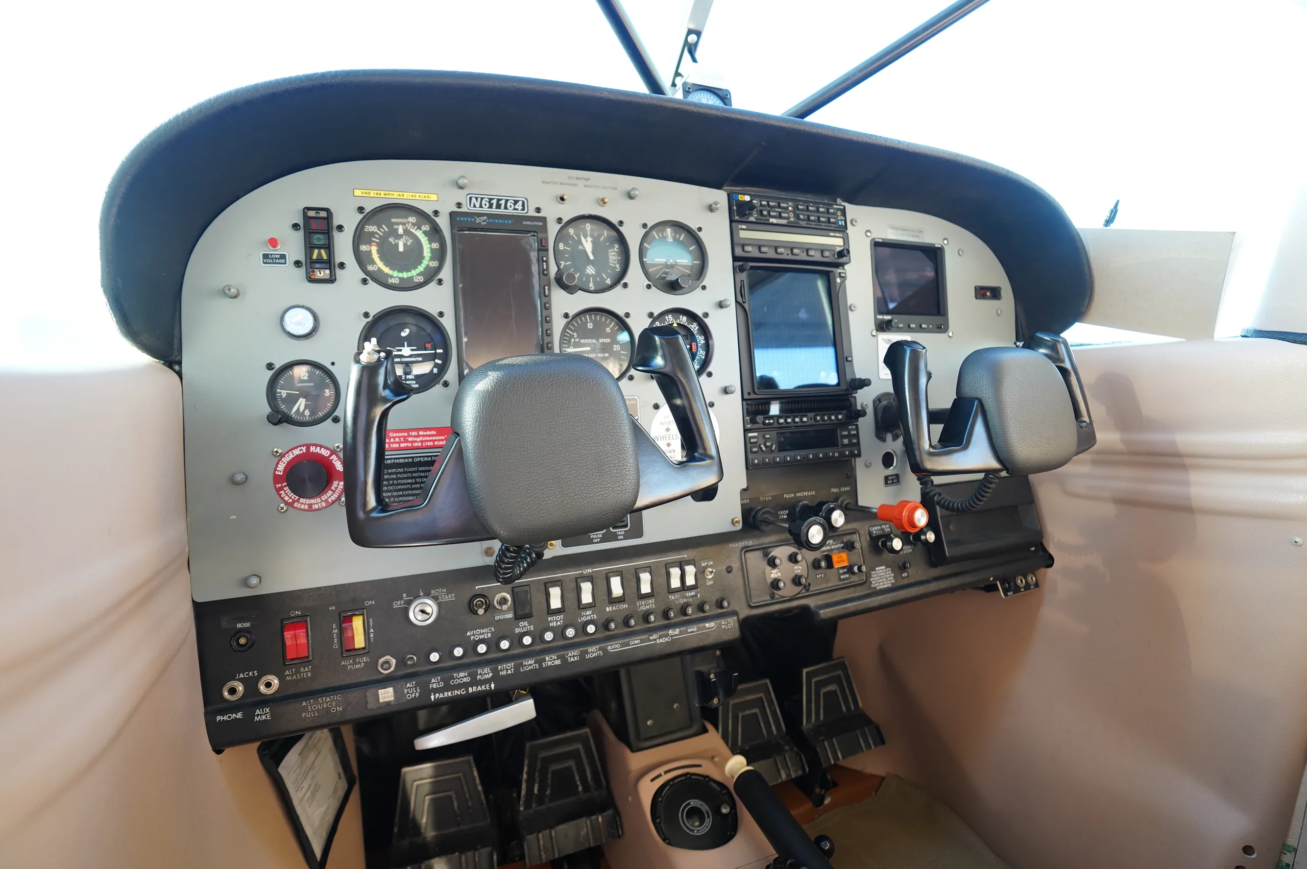Cockpit and instrument panel of a 1980 Cessna A185F Amphibian.