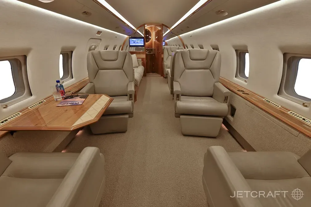 Cabin interior of a 2000 Bombardier Challenger 604.