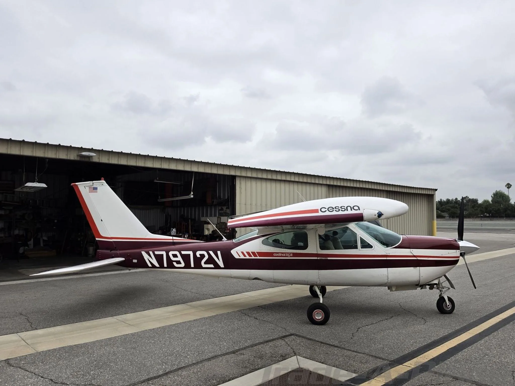 Exterior view of a 1976 CESSNA 177RG, N7972V.