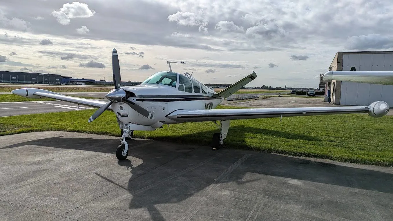 Exterior view of a 1966 Beechcraft 35 Bonanza.