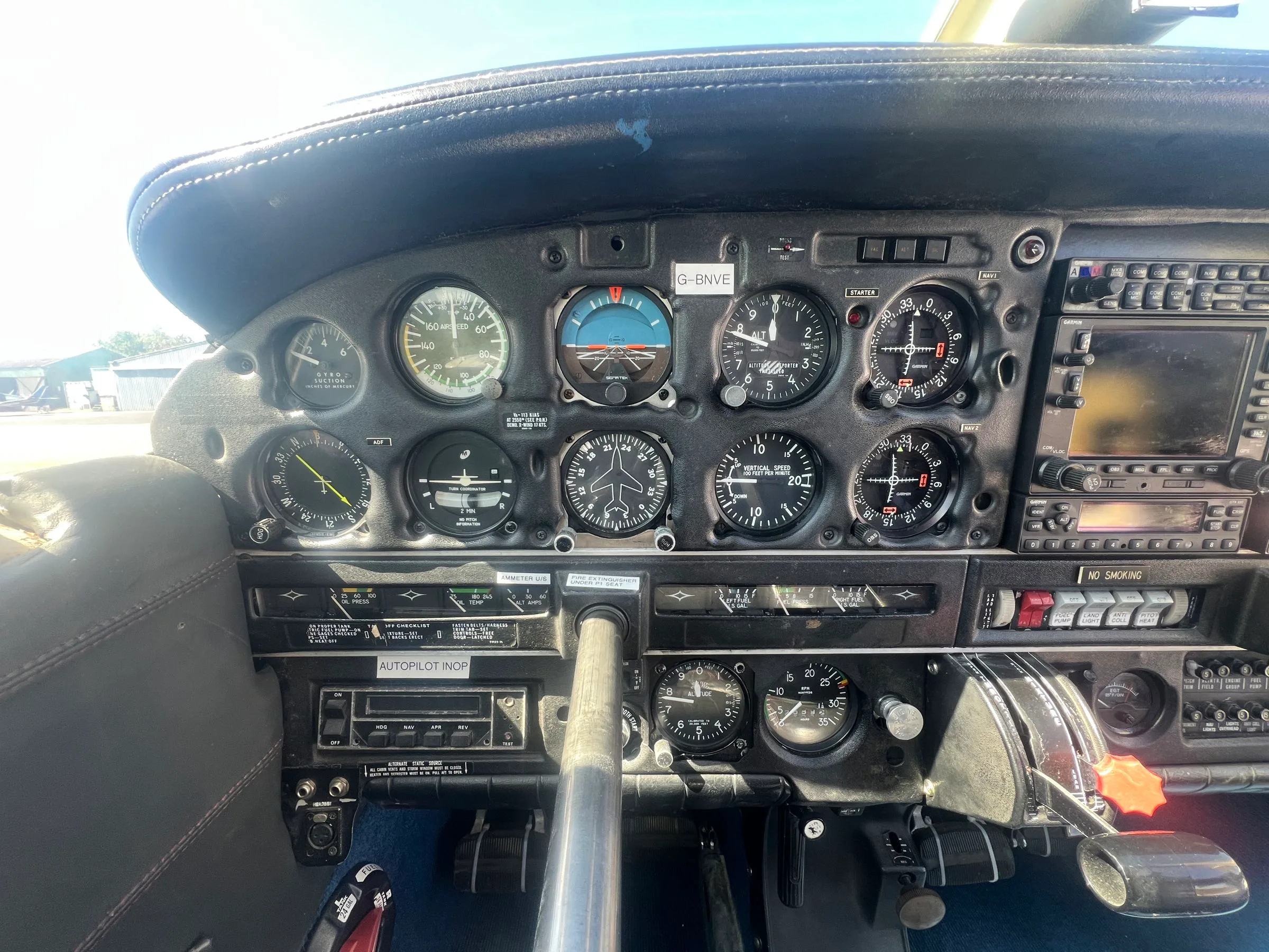 Cockpit and instrument panel of a 1984 Piper PA-28-181 Archer II.
